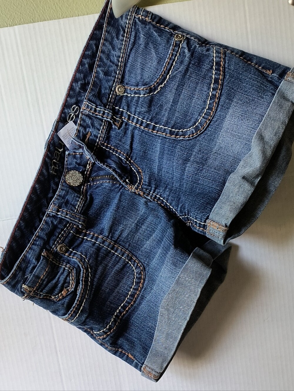 Maurices Dark Blue Rolled Cuff Denim Shorts with Tan Stitching